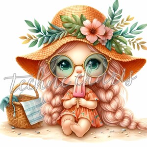 May include: A cartoon girl with long blonde braids wears a straw hat with tropical flowers and round sunglasses. She is holding a pink popsicle and sitting on a beach.