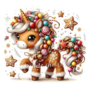 Clipart de unicornio de jengibre 10 / JPEG de alta calidad de 300 DPI, imágenes prediseñadas de unicornio lindo de Navidad para vacaciones de invierno, uso comercial