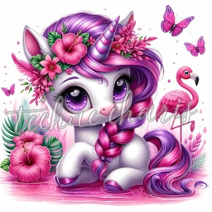 Tropisches Flamingo-Einhorn Clipart | 10 Hochwertige 300 DPI JPEGs | Sommer Einhorn Clipart Kindergarten Printables Kommerzielle Nutzung Strandparty