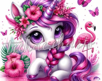Tropisches Flamingo-Einhorn Clipart | 10 Hochwertige 300 DPI JPEGs | Sommer Einhorn Clipart Kindergarten Printables Kommerzielle Nutzung Strandparty