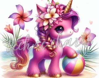 Tropical Beach Unicorn Clipart | 10 High Quality 300 DPI JPEGs | Summer Unicorn Clipart Nursery Printables Commercial Use Beach Party