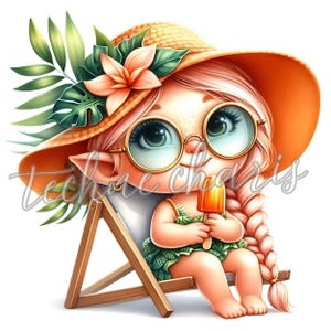 May include: A cartoon illustration of a girl with pink hair wearing a straw hat, sunglasses, and a green swimsuit. She is sitting in a deckchair and holding an orange popsicle.