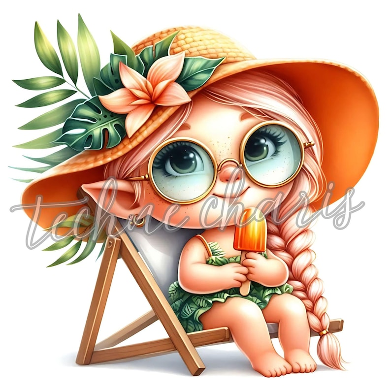 May include: A cartoon illustration of a girl with pink hair wearing a straw hat, sunglasses, and a green swimsuit. She is sitting in a deckchair and holding an orange popsicle.