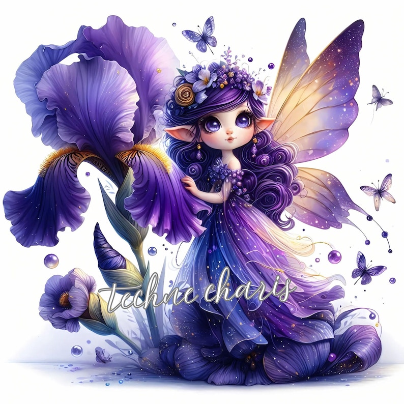 Puede incluir: Un hada morada con alas iridiscentes y una corona de flores se sienta sobre una flor de iris morada. El hada tiene el pelo largo morado y un vestido azul brillante. El fondo es blanco.