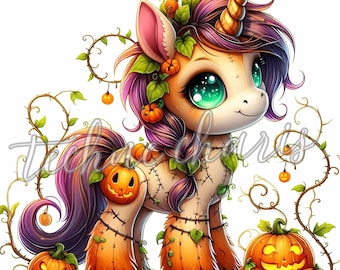 Spooky Unicorn Watercolor Clipart, Halloween Nursery Art (JPGs)