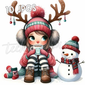Quirky Christmas Girl Clipart 10 Cozy Holiday JPGs Cute Winter Girl with Hot Cocoa holiday crafts greeting cards sublimation