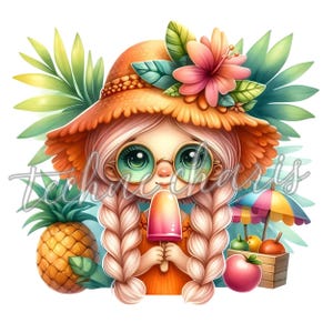 May include: A cartoon girl with blonde braids wears a straw hat with a pink flower and green leaves. She is holding a pink and orange popsicle and wearing round green glasses. She is surrounded by tropical plants and a fruit stand with a pineapple, apples, and a red and white striped umbrella.