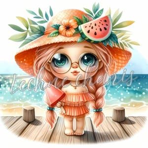 May include: A cartoon girl with pink hair and large blue eyes wears a straw hat with a watermelon on top. She is holding a pink popsicle and wearing a peach-coloured dress. The girl is standing on a wooden dock with a blue ocean behind her.