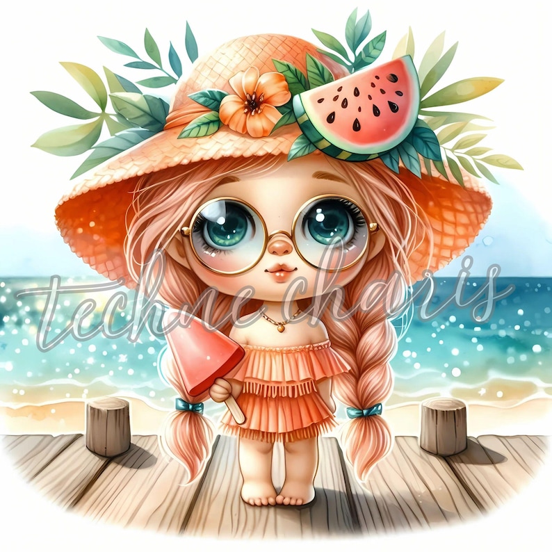 May include: A cartoon girl with pink hair and large blue eyes wears a straw hat with a watermelon on top. She is holding a pink popsicle and wearing a peach-coloured dress. The girl is standing on a wooden dock with a blue ocean behind her.
