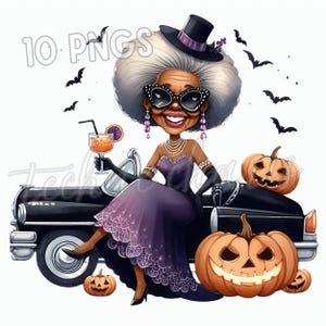 May include: Digital illustration of a smiling woman in a purple dress, black gloves, and sunglasses, sitting on a black car. She holds a cocktail and is surrounded by jack-o'-lanterns and bats, with the text "10 PNGs".