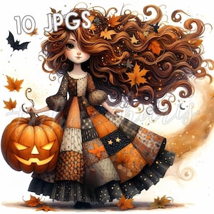 10 JPG Autumn Fairy Doll Clipart, Patchwork Dress Pumpkin Girls, Cute Fall Doll Printables, Scrapbook, Junk Journal, Halloween Paper Crafts