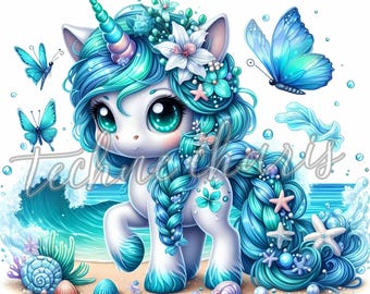 Ocean Breeze Unicorn Set, 10 Cute Summer Unicorn JPG Illustrations for Nursery & Crafts