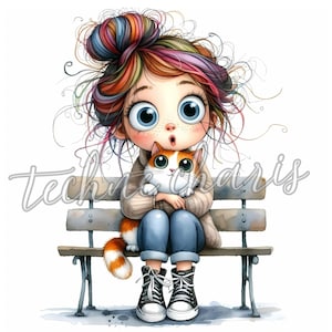 Clipart di ragazza eccentrica con gatto, 10 immagini JPG ad acquerello di alta qualità, regalo per gli amanti dei gatti, clipart di ragazza carina, lavoretti di carta, diario di scarto, stampabili