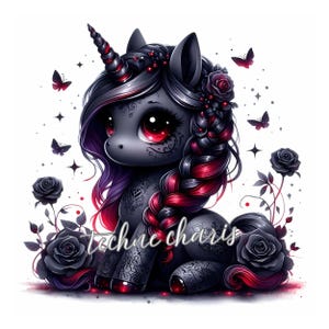 Lindo unicornio negro clipart / 10 JPEG de alta calidad de 300 DPI, uso comercial, diario basura, manualidades de papel, lindo unicornio bebé, caprichoso