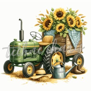 Clipart tracteur floral rustique, aquarelle tracteur de ferme avec des fleurs, PNG de haute qualité, téléchargement numérique, tracteur vintage, décor de ferme