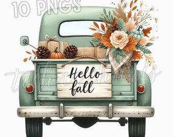 Könnte beinhalten: Aquarell-Illustration eines alten, teal-farbenen Pickups, gefüllt mit Herbstdekorationen. Die Ladefläche enthält verpackte Geschenke, Kürbisse und Tannenzapfen. Ein Holzschild liest "Hello fall". Der Truck ist mit Blumen und Herbstlaub dekoriert.