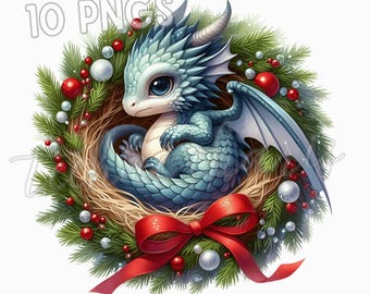 Christmas Baby Dragon Clipart | Sleeping in Pine Wreath (PNG, Digital Download)