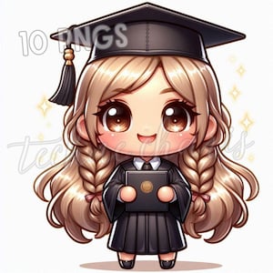 Ensemble PNG Fille de remise des diplômes Chibi | 10 beaux cliparts aquarelle diplômés | Illustrations de remise des diplômes kawaii pour sublimation, cartes, travaux manuels