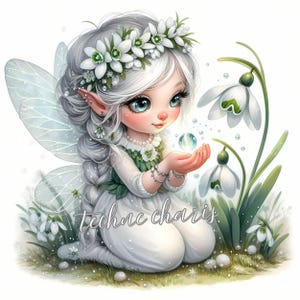 Puede incluir: Un hada blanca con cabello plateado y una corona de flores blancas sostiene una peque&ntilde;a esfera transparente en sus manos. Est&aacute; rodeada de flores blancas de campanilla de invierno y hojas verdes. El hada tiene ojos azules y un ligero rubor en las mejillas. El fondo es blanco.