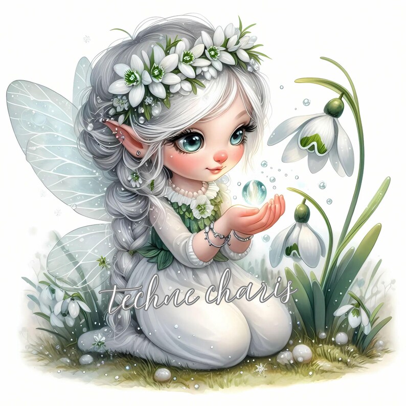 Puede incluir: Un hada blanca con cabello plateado y una corona de flores blancas sostiene una peque&ntilde;a esfera transparente en sus manos. Est&aacute; rodeada de flores blancas de campanilla de invierno y hojas verdes. El hada tiene ojos azules y un ligero rubor en las mejillas. El fondo es blanco.
