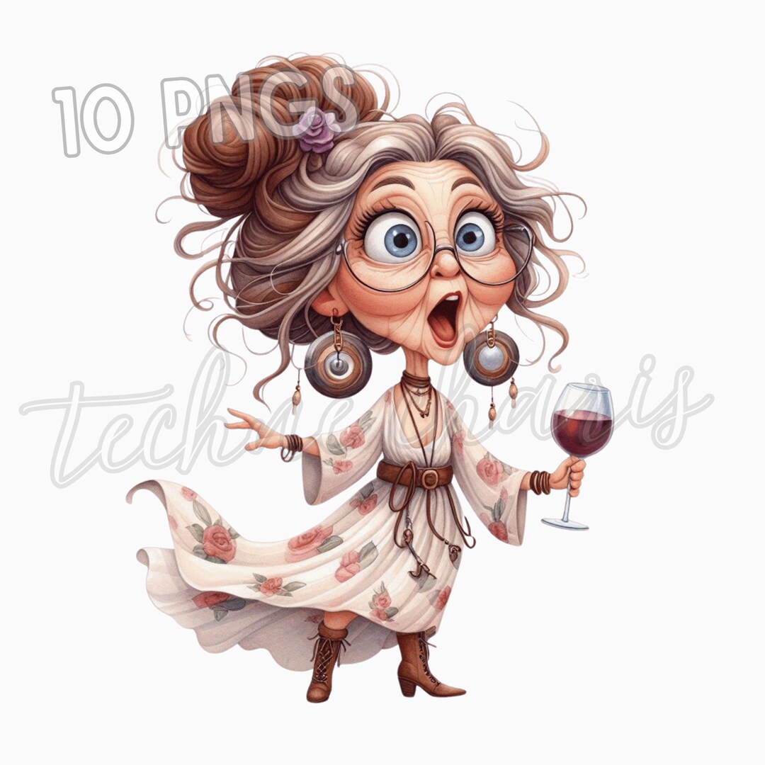 Funny Old Grandma PNG Clipart – Wine Drinking, Stylish Senior Woman ...