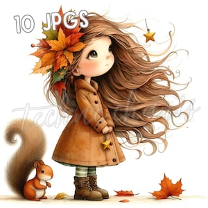 Quirky Autumn Girl Clipart with Squirrel | Set of 10 High-Quality JPGs | Fall Watercolor Art for Scrapbooking, Crafts, Junk Journals