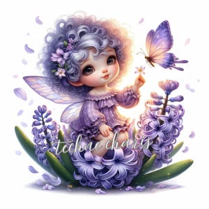 Puede incluir: Un hada morada con el pelo rizado y alas de mariposa se sienta en una cama de jacintos morados. El hada sostiene una peque&ntilde;a flor blanca en su mano. El fondo es blanco.