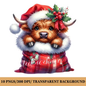 Cute Christmas Highland Cow Clipart | 10 Christmas Clipart PNG Christmas Highland Cow with Gifts Cute Christmas Cows Commercial Use