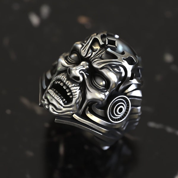 Monster Head Ring, Face ring, Sterling silver, Unique punk gothic goth biker mens, ring for him her, Oxidized jewelry Gift  for boyfriend