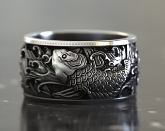 Japanese Koi Fish Band Ring, Handmade Men Ring, Mens Ring, Unique Ring for Man, Silver Signet Ring, Memorial Gift for Him