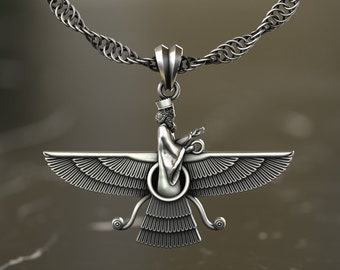 Faravahar Ahura Mazda Handmade Silver Necklace, Ancient Persia Silver Men Jewelry, Ahura Mazda Sterling Silver Pendant, Mythology Mens Gift