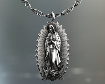 Holy Mother Medallion, Silver Virgin Mary Guadalupe Men Necklace, Our Lady of Guadalupe Necklace, Guadalupe Silver Charm, Catholic Necklace