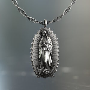 Holy Mother Medallion, Silver Virgin Mary Guadalupe Men Necklace, Our Lady of Guadalupe Necklace, Guadalupe Silver Charm, Catholic Necklace