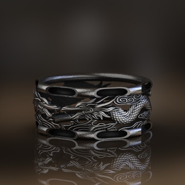 Japanese Dragon Silver Mythology Ring, 925 Sterling Silver Biker Ring, Stackable Ring, Handmade Jewelry, Engraved Ring, Groomsman Gift