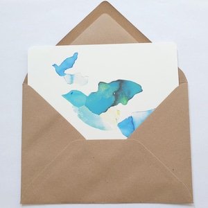 Cartolina collage acquerello Two Birds ∣ Stampa illustrata A6 ∣ Illustrazione della natura pacifica e minimalista