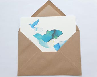 Cartão postal de colagem de aquarela de dois pássaros ∣ Impressão ilustrada A6 ∣ ilustração de natureza pacífica e minimalista