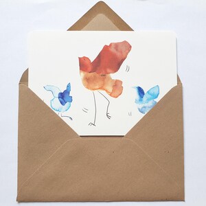 Cartão postal de colagem de aquarela de pássaros dançantes felizes ∣ Impressão ilustrada A6 ∣ ilustração fofa da natureza ∣ celebração