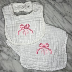 Embroidered & Monogrammed with bow,  Custom MUSLIN Burp Cloth, bib or BUNDLE for Baby, Gift, Holiday, Newborn, Shower, Baptism, Easter