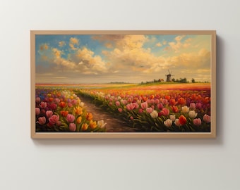 Windmill Tulip Field Digital Art - Instant Download for Samsung Frame TV, Dutch Landscape Painting, Colorful Floral Wall Art