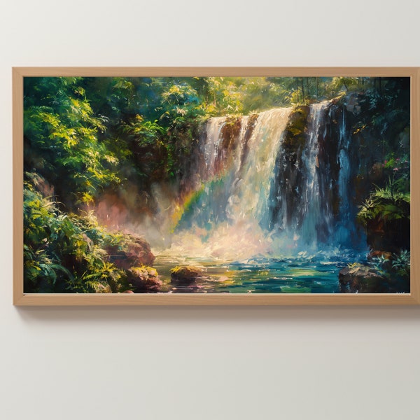 Tropical Waterfall Oasis Digital Painting - Samsung Frame TV, Serene Nature Art, Rainforest Waterfall Decor
