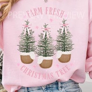 Arbres de Noël frais de ferme rose noeud PNG, conception de carte de Noël, conception de sublimation de sweat-shirt de Noël, ferme, téléchargement numérique instantané