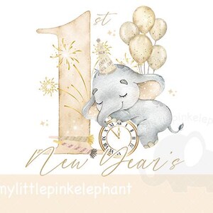 May include: Watercolor illustration featuring a gray elephant wearing a party hat and holding a clock. The image includes the number "1st", gold fireworks, and the words "New Year's" in elegant script. Balloons and the text "Happy New Year" are also present.