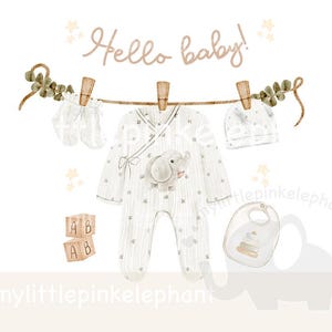May include: A watercolour illustration of baby clothes hanging on a line. The image features a onesie with an elephant, socks, a hat, a bib, and wooden blocks. The words "Hello baby!" are written above the clothesline.