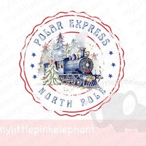 Sello Polar Express rojo, tren navideño tradicional, campana de la suerte, diseño de camiseta PNG, billete, diseño de tarjeta, imagen de sublimación