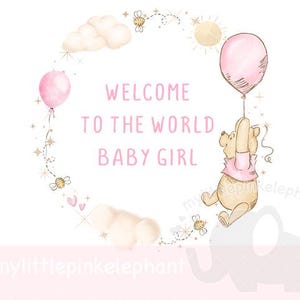 Ballon rose Winnie l'ourson PNG, Bienvenue dans le monde en sublimation pour bébé garçon, nouvelle conception de carte de bébé garçon, téléchargement immédiat