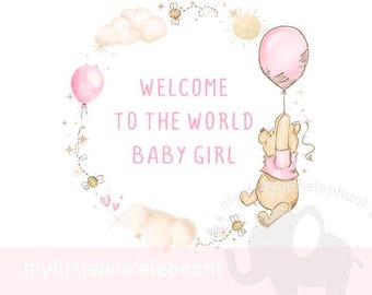 Winnie the Pooh balloon pink PNG, Welcome To The World Baby Boy Sublimation Design, New Baby Boy Card Design, Instant Digital Download
