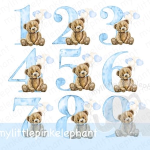 Ursinho de pelúcia Número Clipart png, Conjunto completo azul, Aniversário, Sublimação PNG, Download digital instantâneo, Aquarela, números azuis de menino bebê