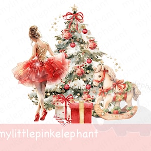 Rode kerstballerina, hobbelpaard en boom PNG, kerstboomsublimatieontwerp, kerstkaartontwerp, instant digitale download