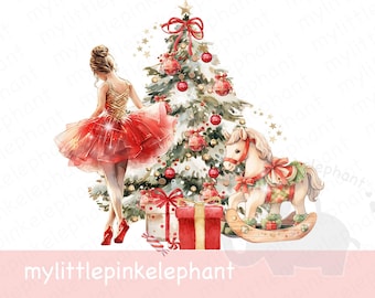 Rote Weihnachtsballerina, Schaukelpferd & Baum PNG, Weihnachtsbaum Sublimationsdesign, Weihnachtskartendesign, sofortiger digitaler Download