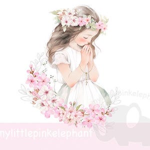 La mia prima comunione PNG, Clipart della prima comunione della bambina che prega, Design della carta della comunione, Download digitale istantaneo